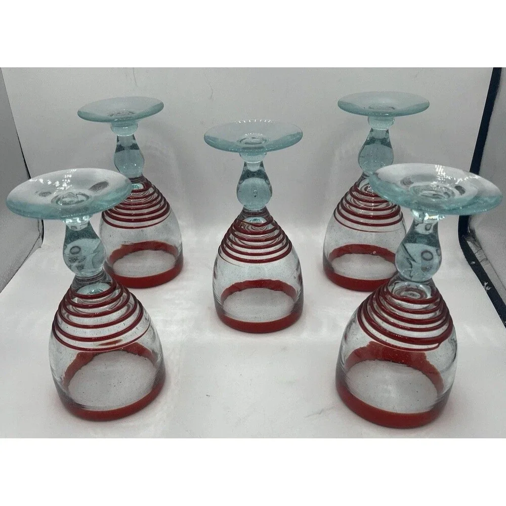 Mexican Hand Blown Art Glass Wine Goblets Set of 5 Red Rim Aqua Stem Swirl